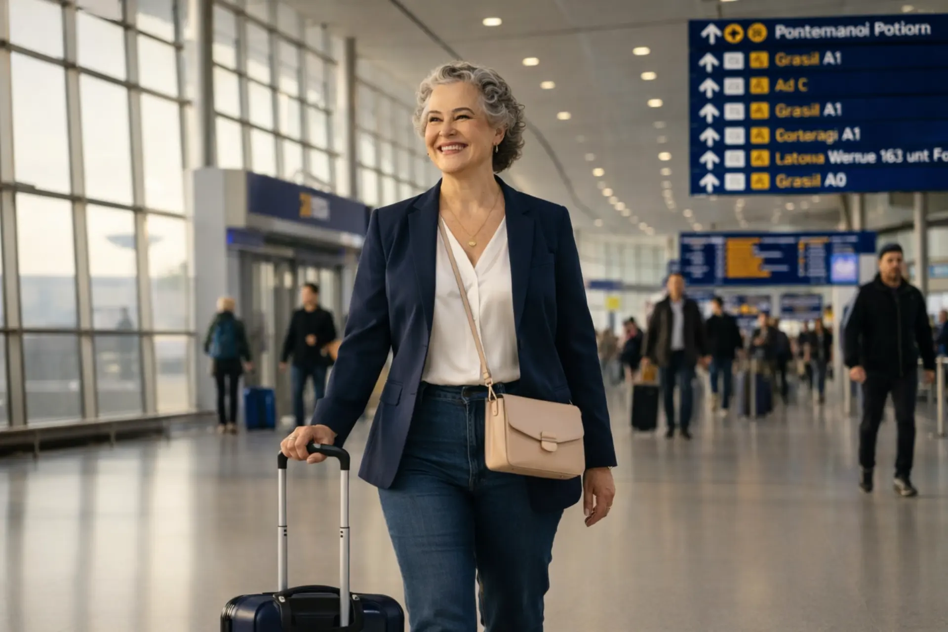 Mulher 50+ sorridente no aeroporto segurando passaporte